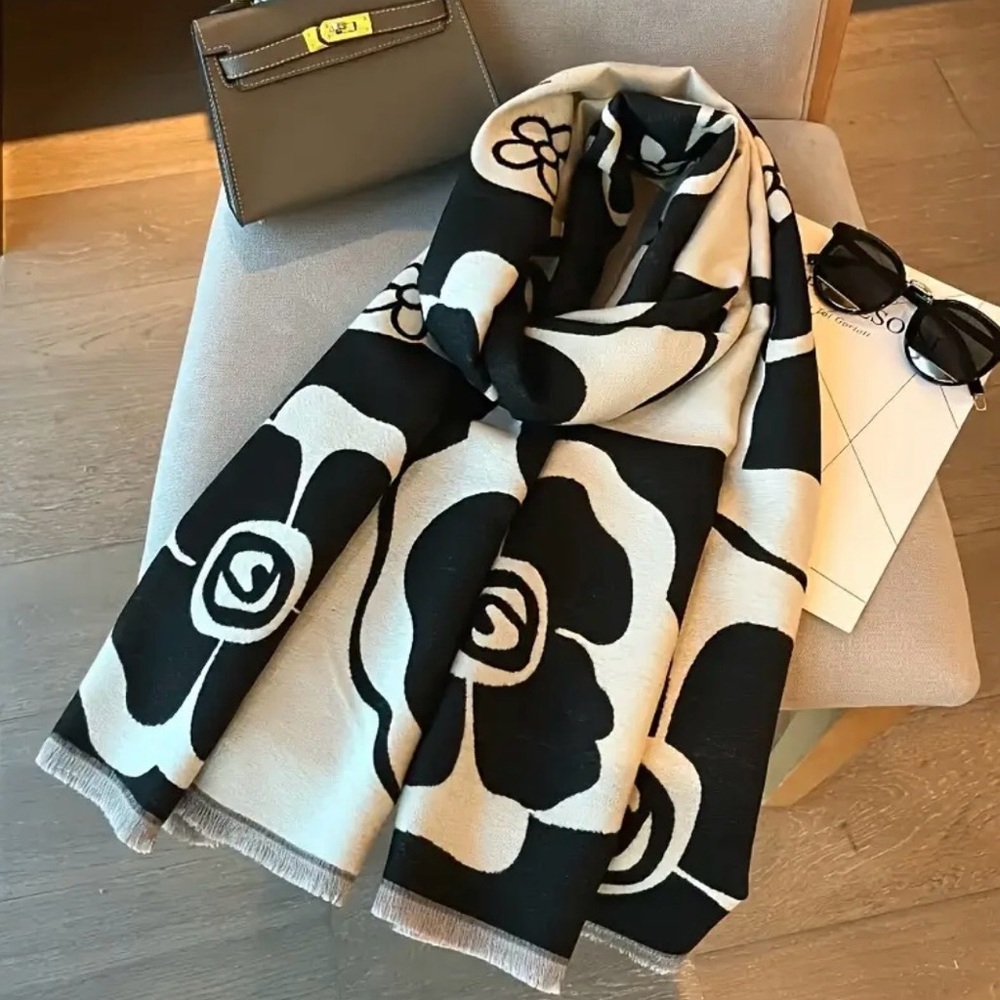 Black & White Floral Wrap Scarf - Picture 3 of 7